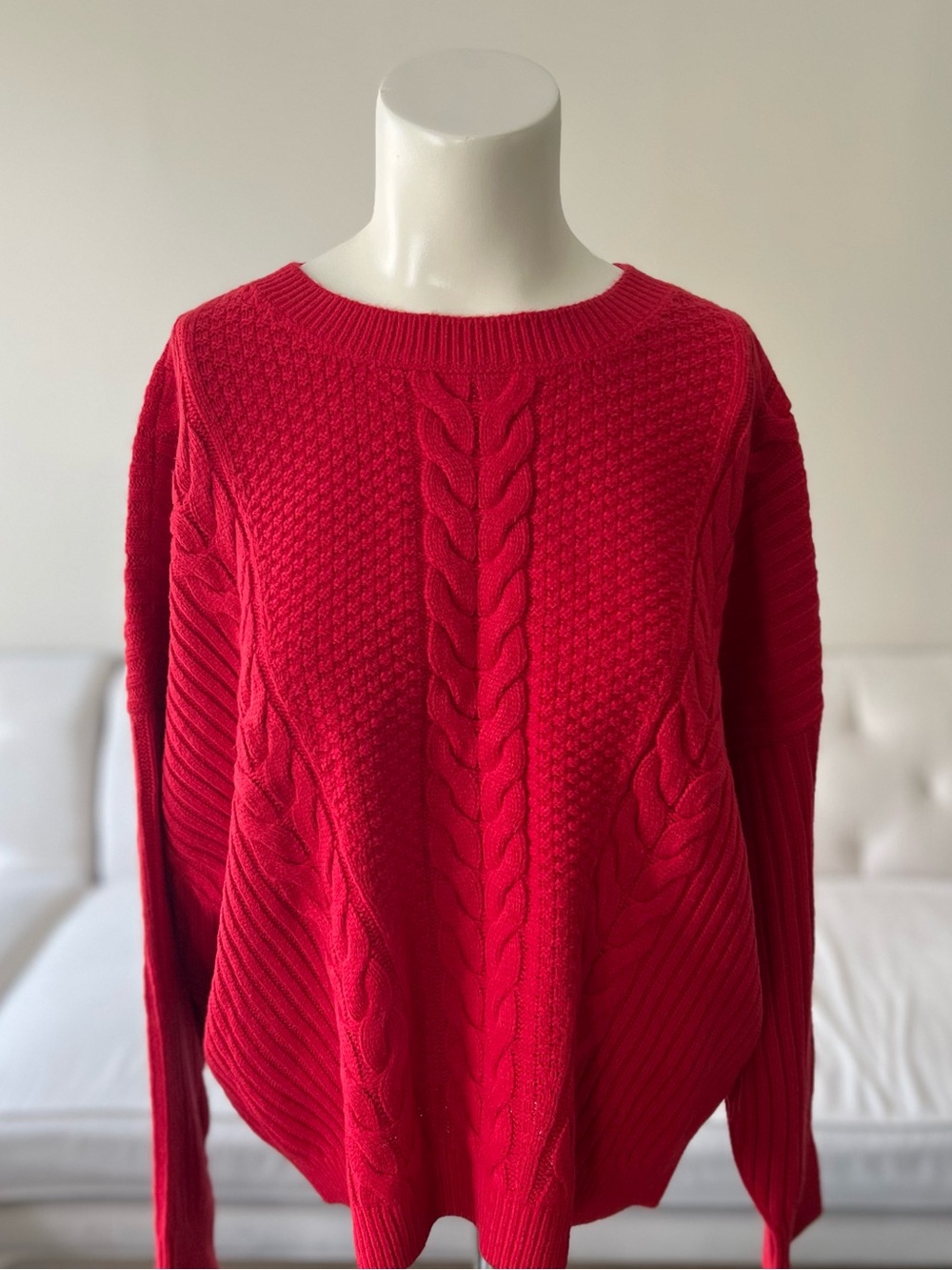 Tommy Hilfiger Red Cable-Knit Crew Neck Drop Shoulder Sweater Cozy Knit